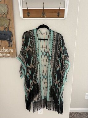 Aztec Fringe Kimono Cape in Mint, Black, and Beige